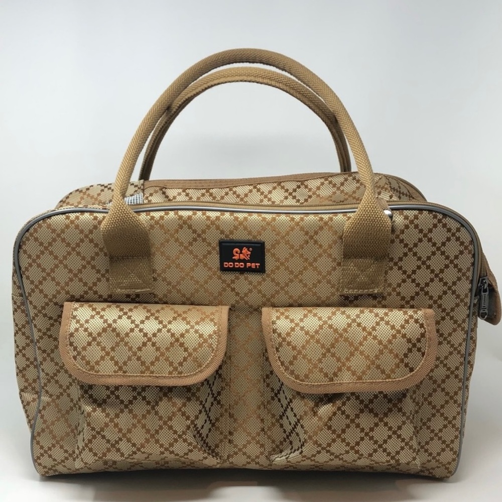 Pet Travel Carrier - for a small dog or cat.   Tan/Beige diamond pattern design.